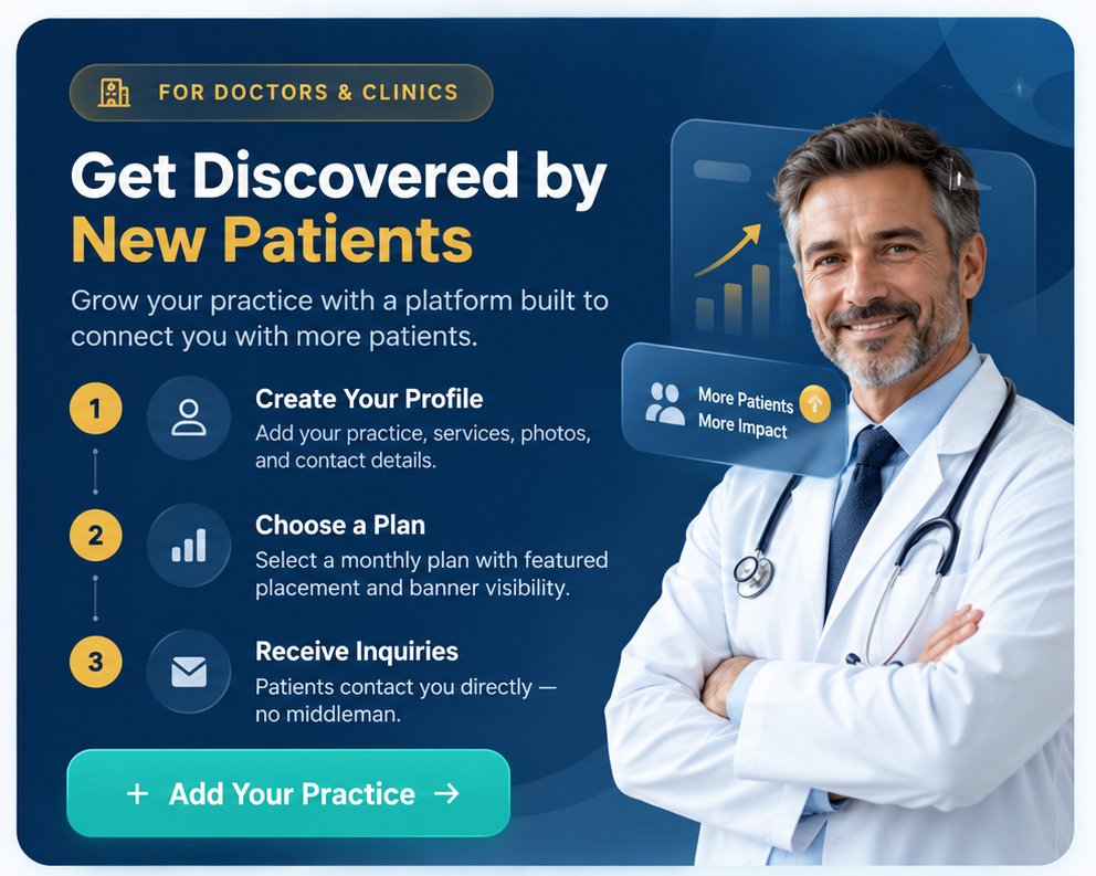 For doctors and clinics: get discovered by new patients — create your profile, choose a plan, receive inquiries