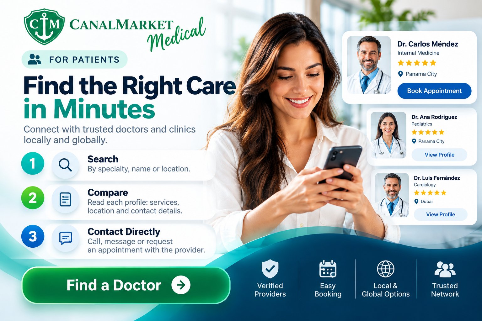 For patients: find the right care in minutes — search, compare and contact doctors and clinics on CanalMarket Medical