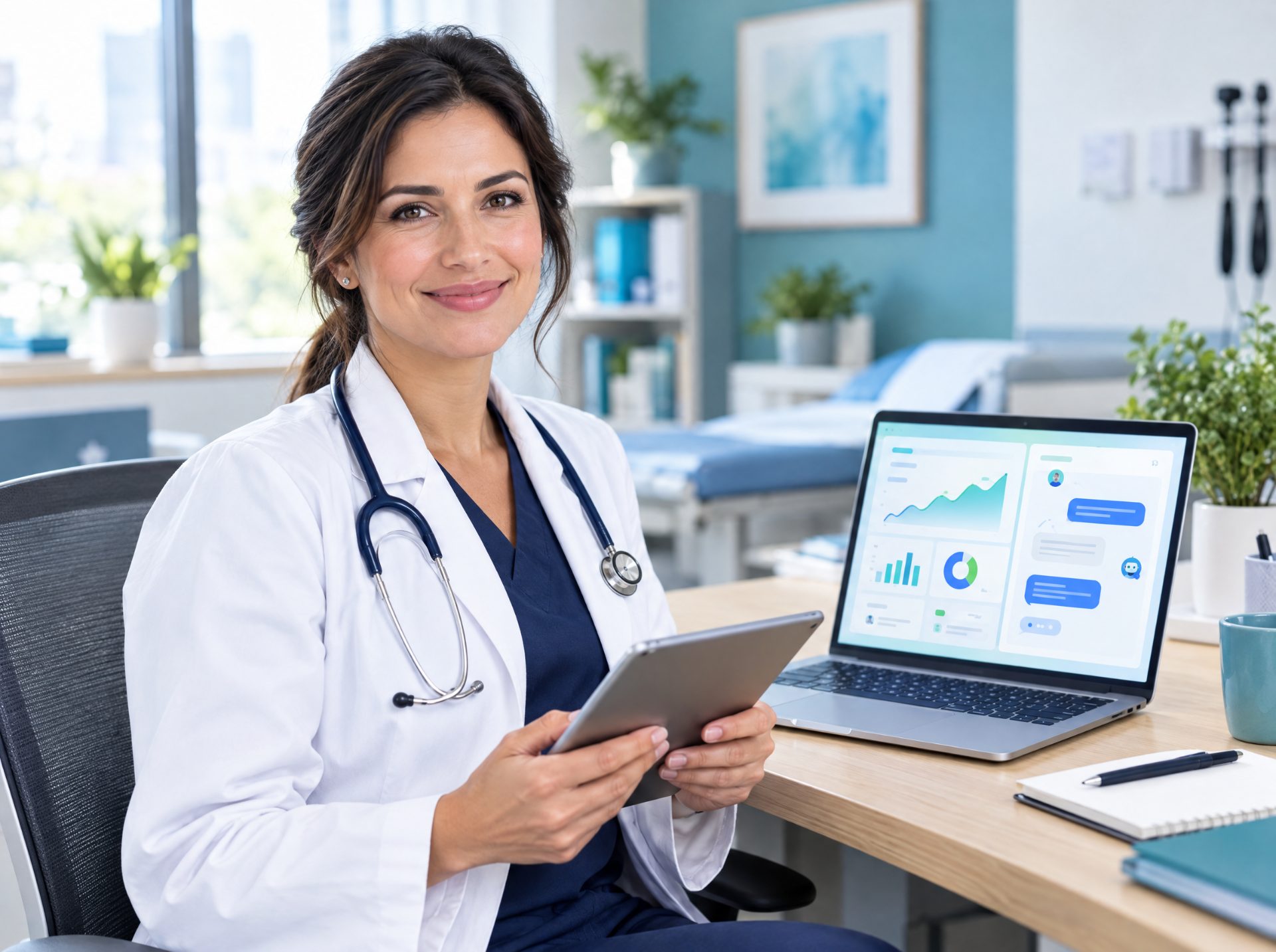 Doctor managing her practice online with AI tools